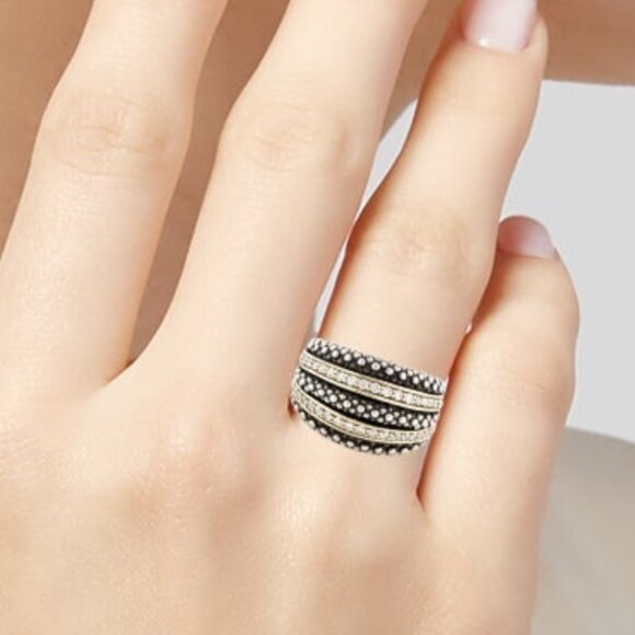 LAGOS 18K YELLOW GOLD & STERLING SILVER  FIVE ROW DIAMOND CAVIAR BAND RING - Picture 7 of 7